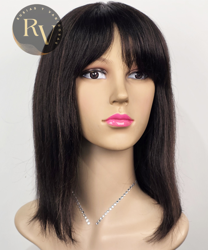 Peluca Natural Castaña Oscura Bob Largo Imitacion Piel