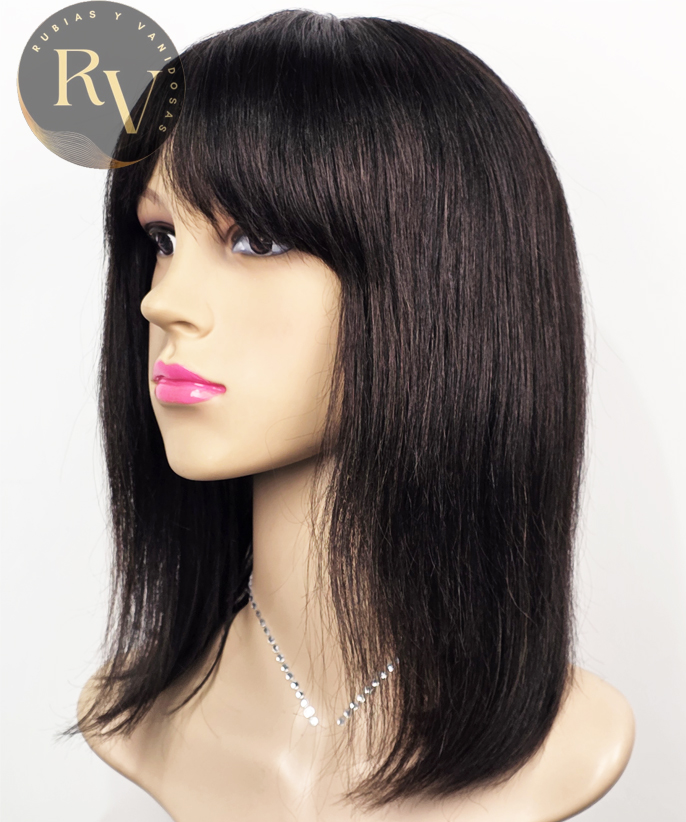 Peluca Natural Castaña Oscura Bob Largo Imitacion Piel - Imagen 2